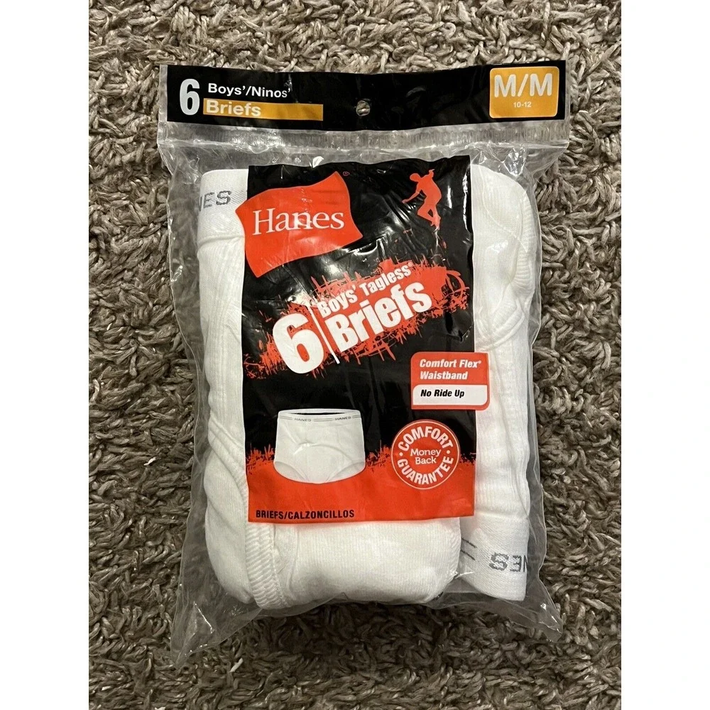 Hanes 6 Pairs White Tagless Boys Briefs Size M 10-12 New in Package